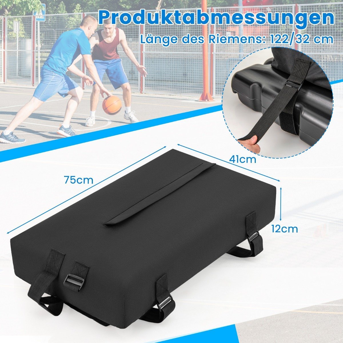 Sandbag for basketball hoop stands up to 136 kg of sand made of black Oxford fabric