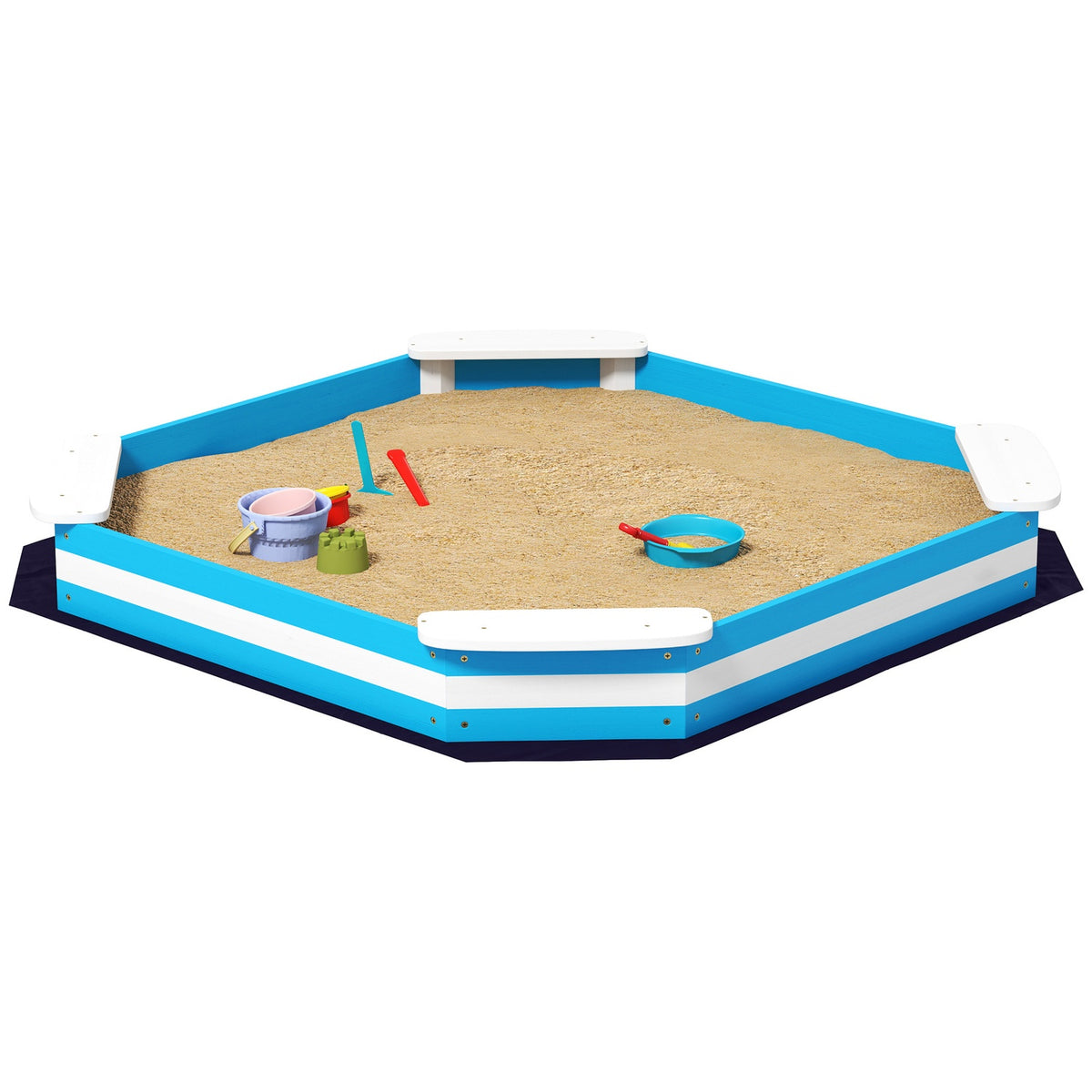 Sandbox 133 x 108 cm Wooden Sandbox with Bench, Floor Protection Film for 4 Children 3-7 Years Blue