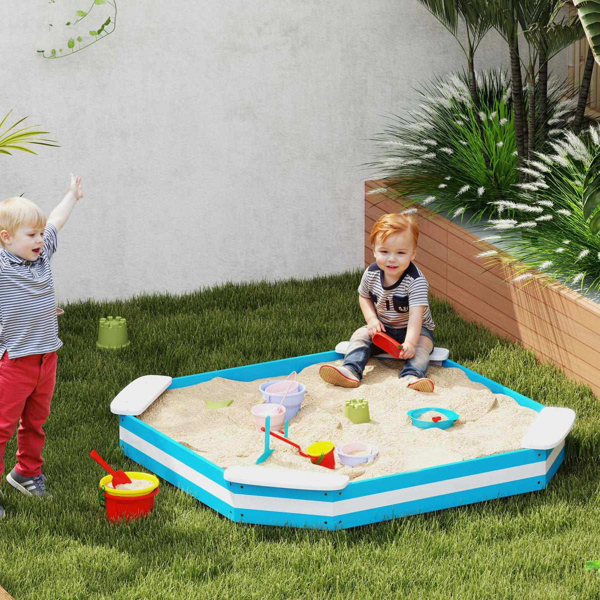 Sandbox 133 x 108 cm Wooden Sandbox with Bench, Floor Protection Film for 4 Children 3-7 Years Blue