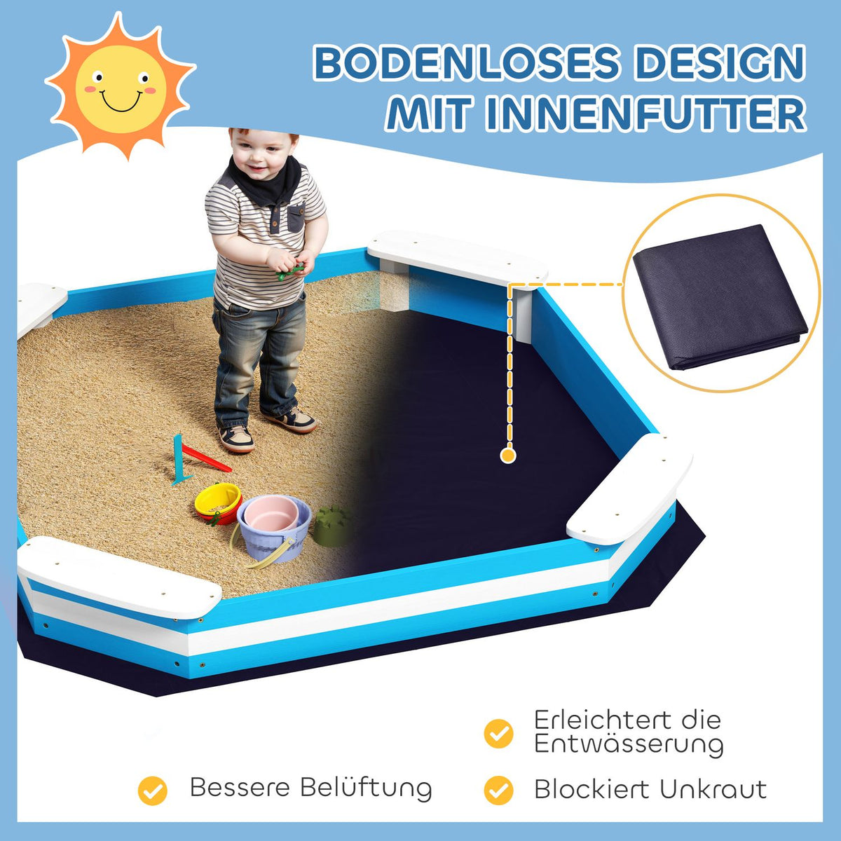 Sandbox 133 x 108 cm Wooden Sandbox with Bench, Floor Protection Film for 4 Children 3-7 Years Blue