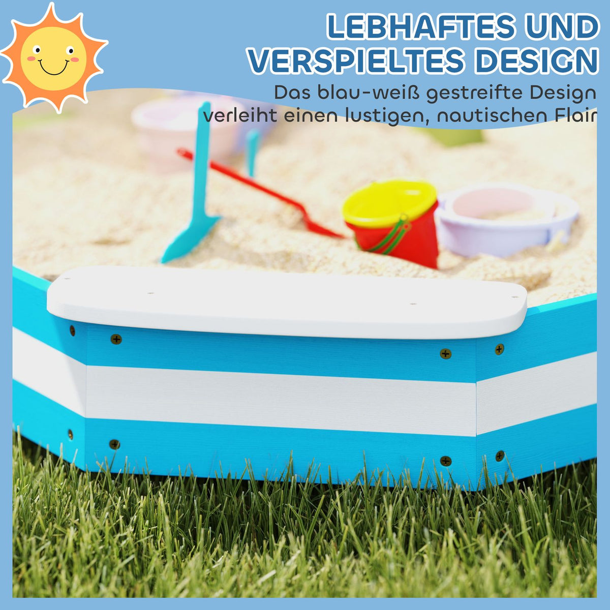 Sandbox 133 x 108 cm Wooden Sandbox with Bench, Floor Protection Film for 4 Children 3-7 Years Blue