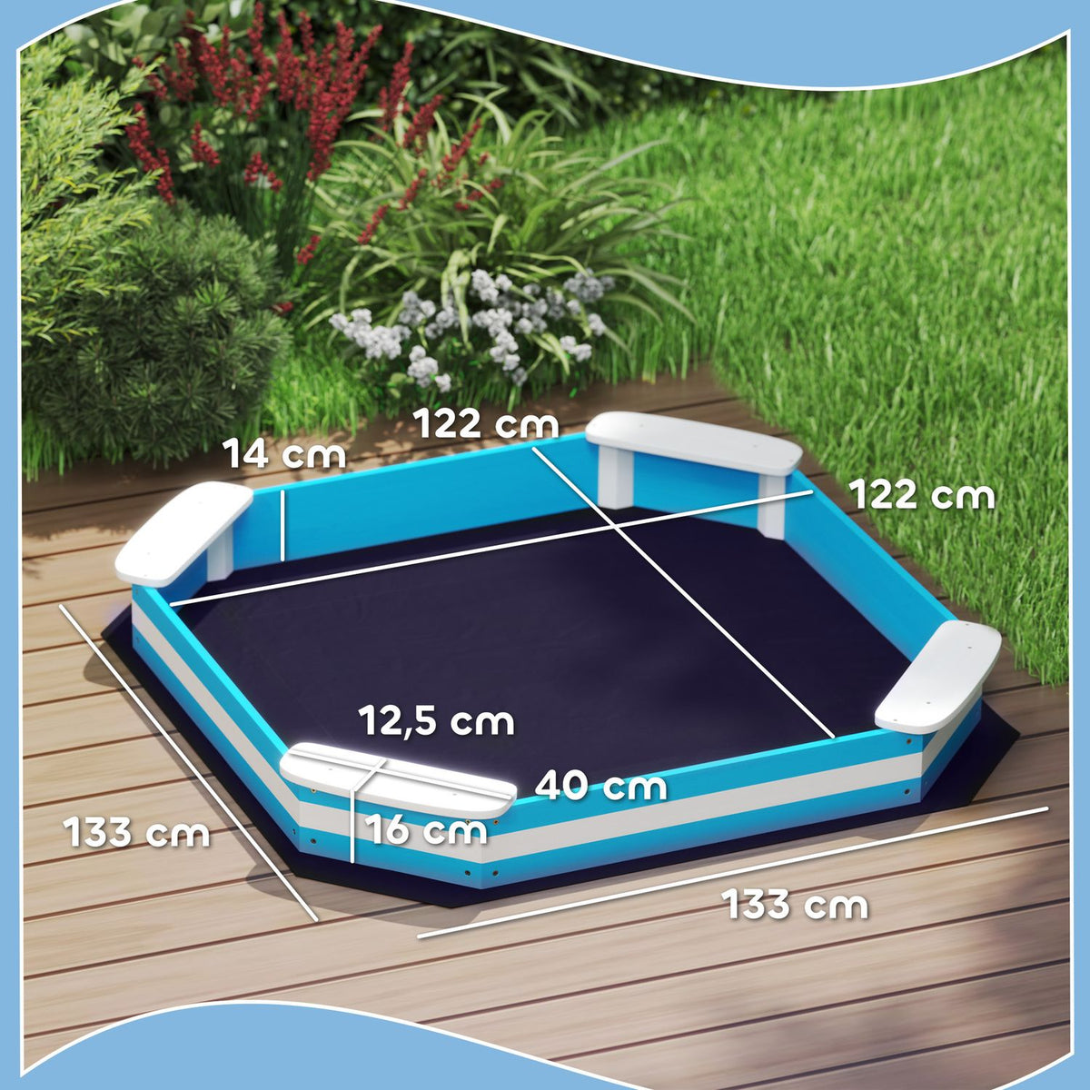 Sandbox 133 x 108 cm Wooden Sandbox with Bench, Floor Protection Film for 4 Children 3-7 Years Blue