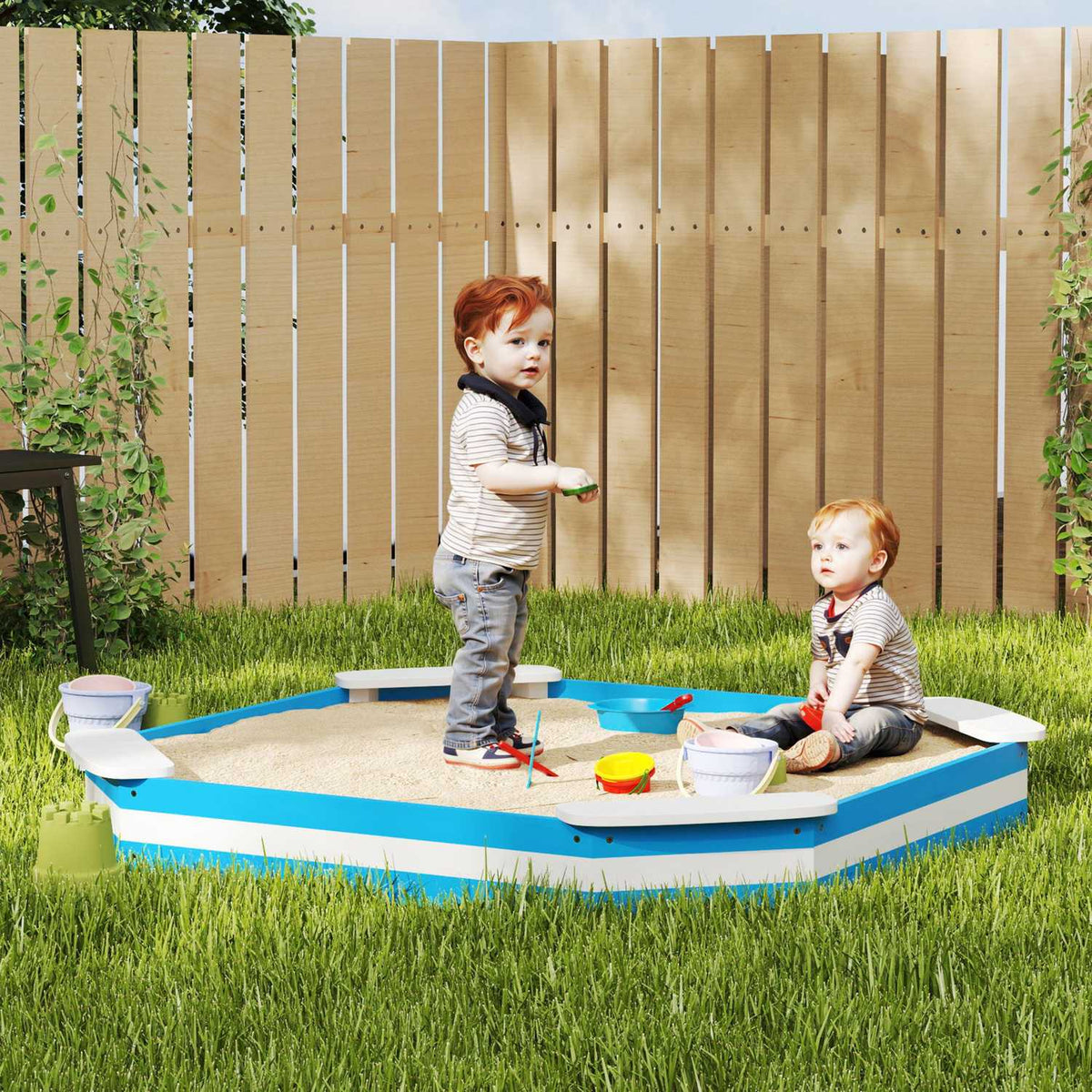 Sandbox 133 x 108 cm Wooden Sandbox with Bench, Floor Protection Film for 4 Children 3-7 Years Blue