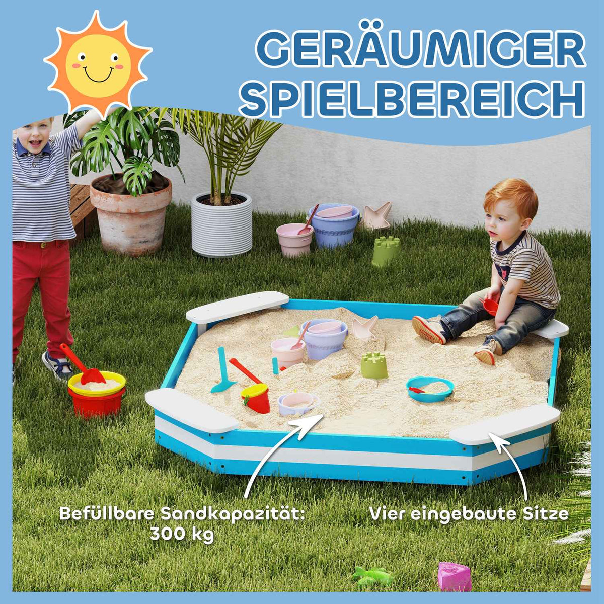 Sandbox 133 x 108 cm Wooden Sandbox with Bench, Floor Protection Film for 4 Children 3-7 Years Blue