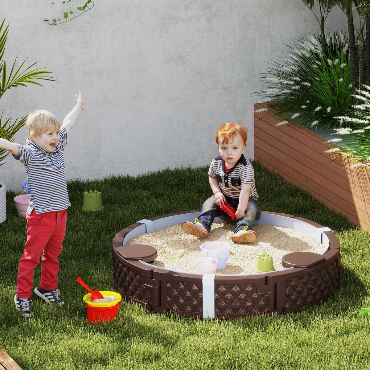 Sandbox, sandbox sandbox with 3 seats, waterproof base, weatherproof protective tarpaulin, for 1.5-5 years children dark brown