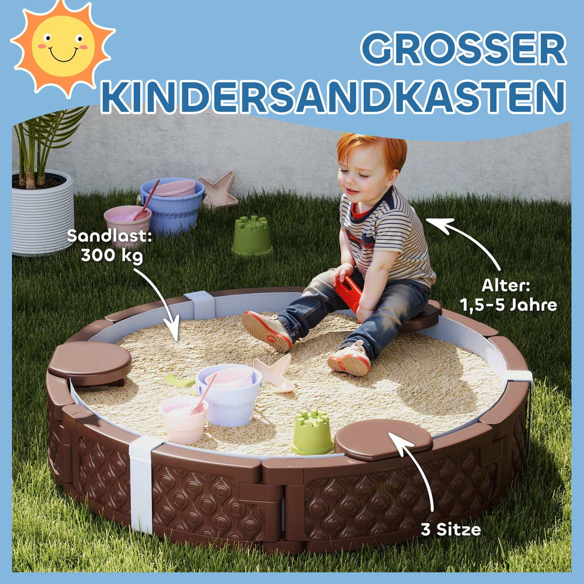 Sandbox, sandbox sandbox with 3 seats, waterproof base, weatherproof protective tarpaulin, for 1.5-5 years children dark brown