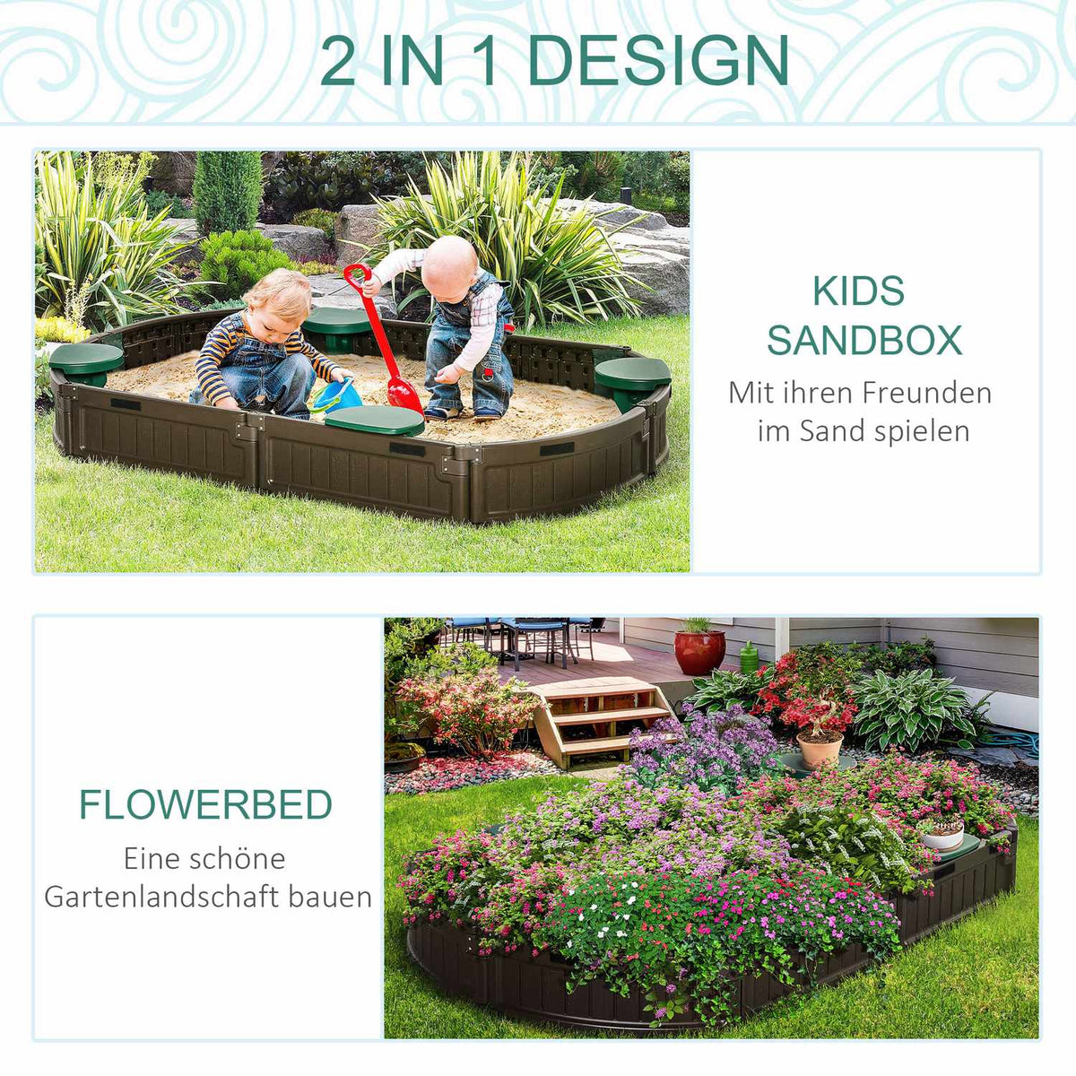 Sandbox tarpaulin with seat panels 183x105x22.5cm HDPE dark green for children 3-12 years