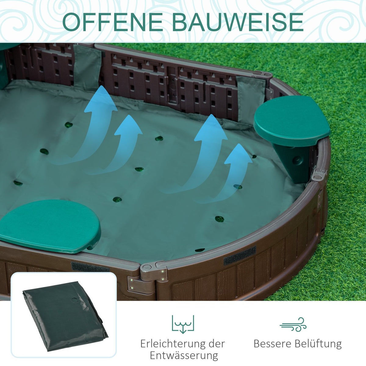 Sandbox tarpaulin with seat panels 183x105x22.5cm HDPE dark green for children 3-12 years