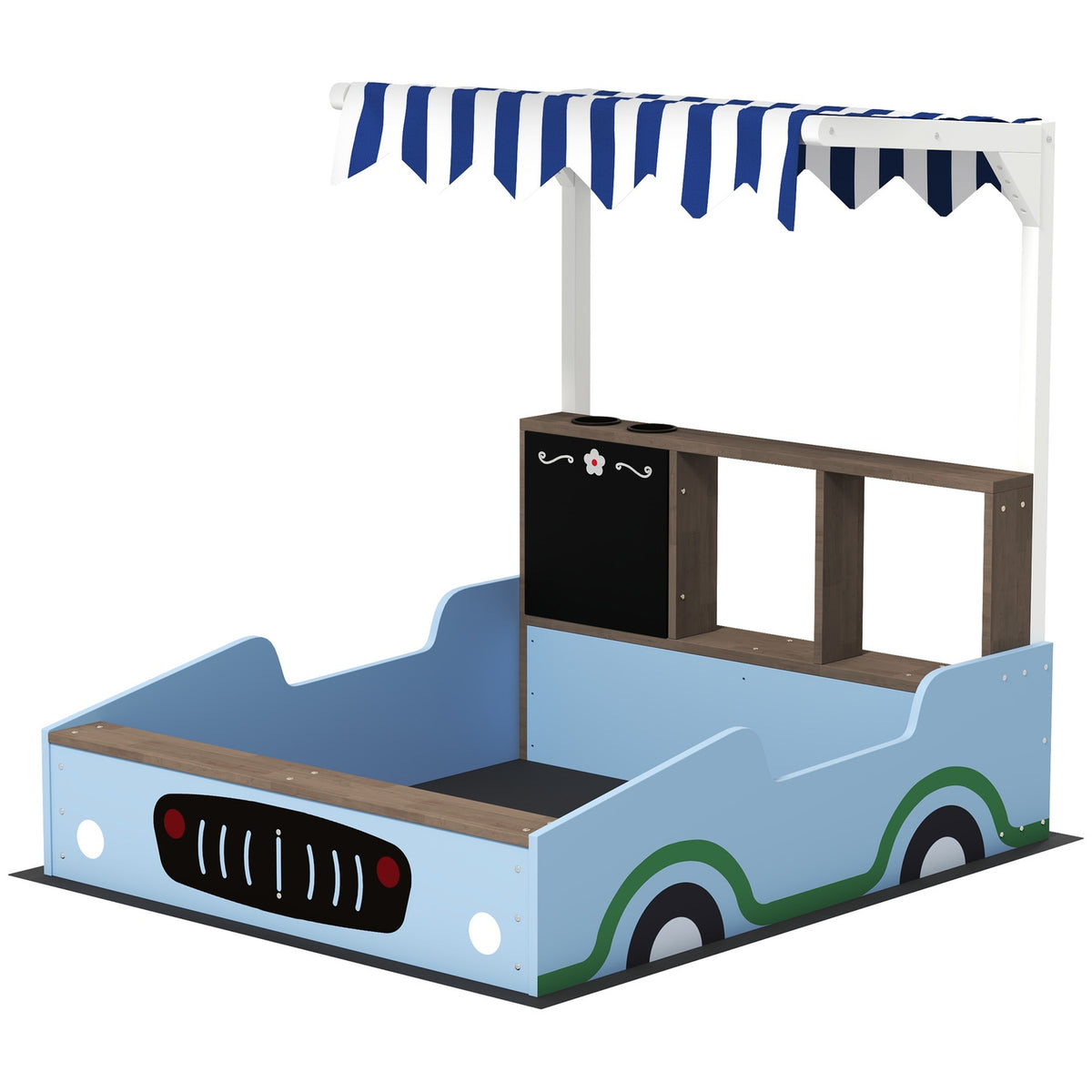 Sandbox with Roof, 90 x 108 cm Wooden Sandbox Sandbox with Bench, Drawing Board, Plant Boxes, Shop Design for 2 Children 3-7 Years Blue
