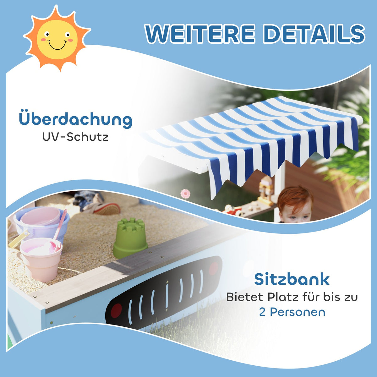 Sandbox with Roof, 90 x 108 cm Wooden Sandbox Sandbox with Bench, Drawing Board, Plant Boxes, Shop Design for 2 Children 3-7 Years Blue