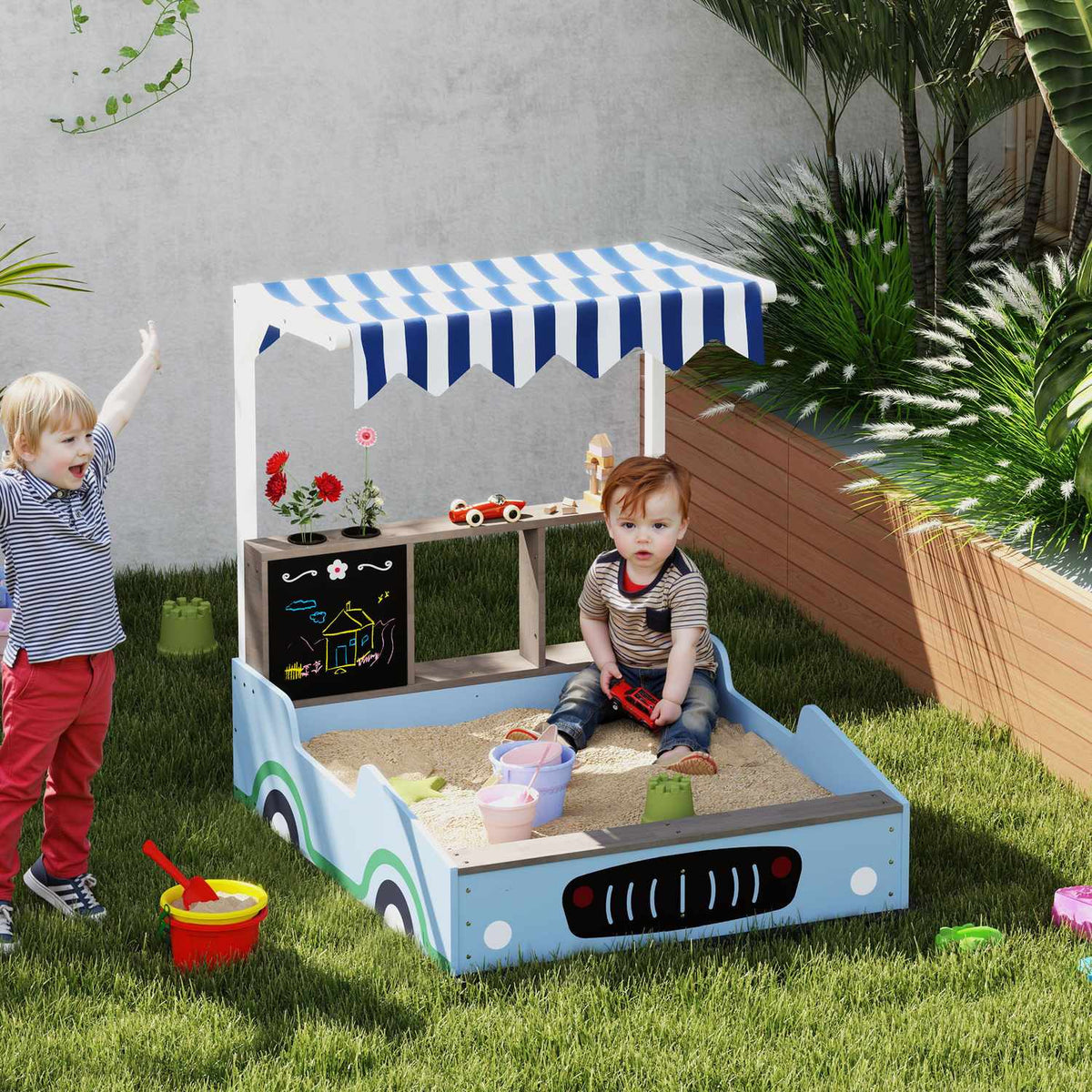 Sandbox with Roof, 90 x 108 cm Wooden Sandbox Sandbox with Bench, Drawing Board, Plant Boxes, Shop Design for 2 Children 3-7 Years Blue