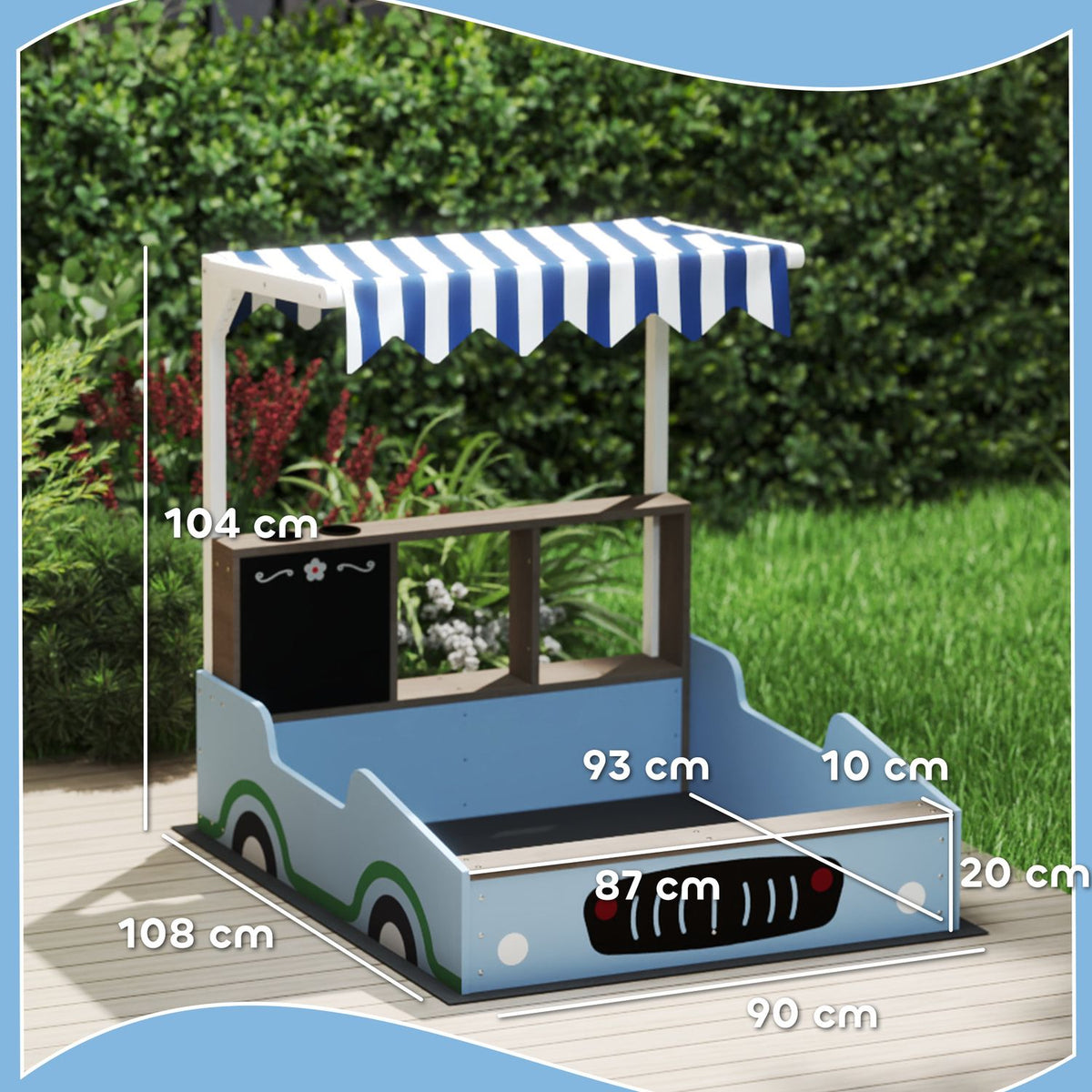 Sandbox with Roof, 90 x 108 cm Wooden Sandbox Sandbox with Bench, Drawing Board, Plant Boxes, Shop Design for 2 Children 3-7 Years Blue
