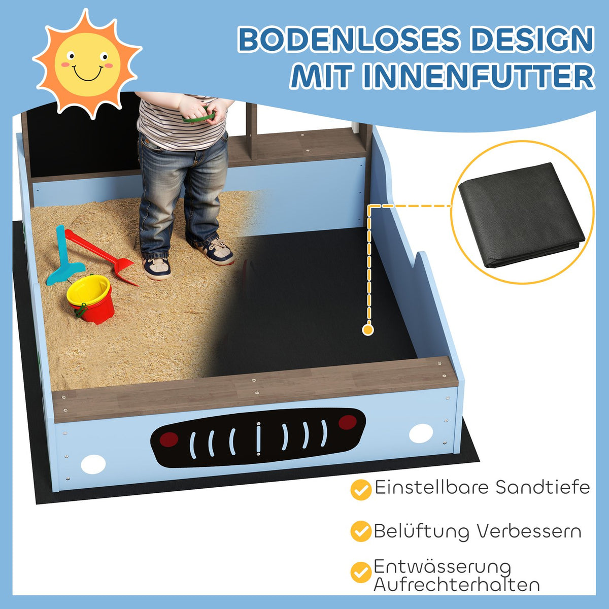 Sandbox with Roof, 90 x 108 cm Wooden Sandbox Sandbox with Bench, Drawing Board, Plant Boxes, Shop Design for 2 Children 3-7 Years Blue