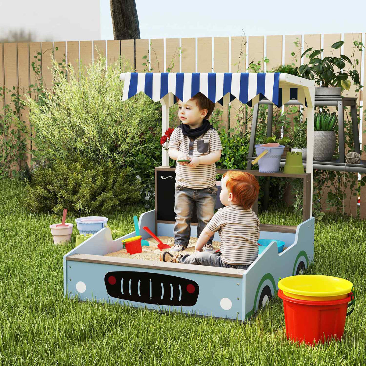 Sandbox with Roof, 90 x 108 cm Wooden Sandbox Sandbox with Bench, Drawing Board, Plant Boxes, Shop Design for 2 Children 3-7 Years Blue