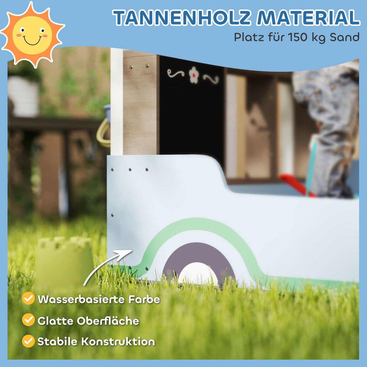 Sandbox with Roof, 90 x 108 cm Wooden Sandbox Sandbox with Bench, Drawing Board, Plant Boxes, Shop Design for 2 Children 3-7 Years Blue
