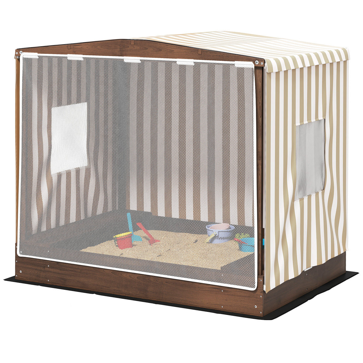 Sandbox with canopy and mesh door, 142 x 101.5 cm wooden sandbox with bench, storage space, floor protection, for 4 children 3-6 years brown