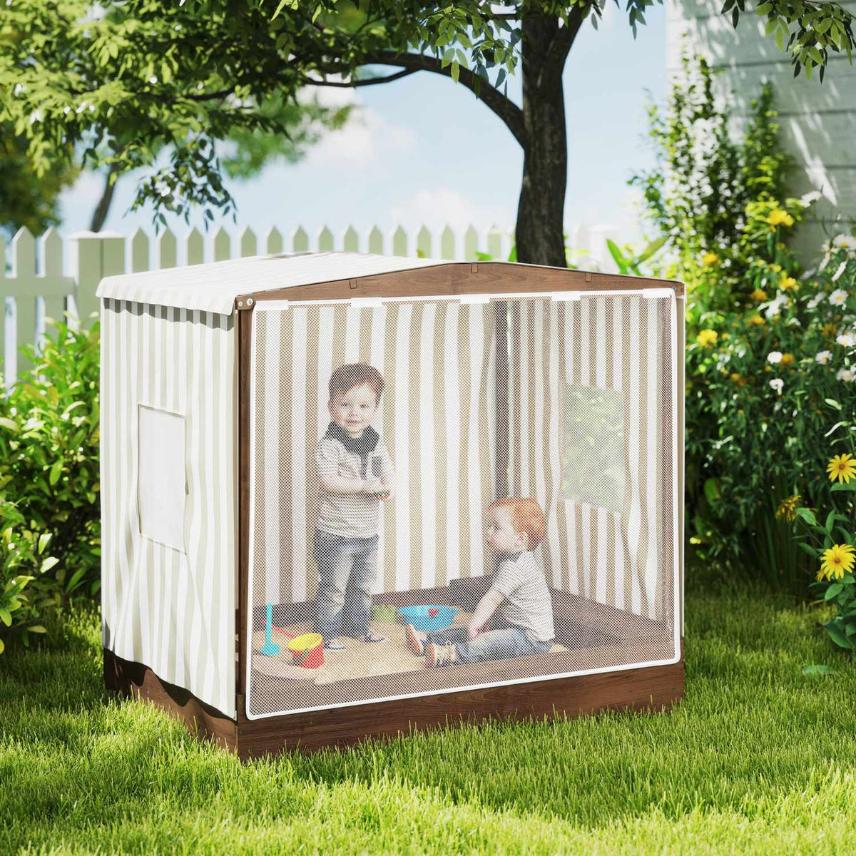 Sandbox with canopy and mesh door, 142 x 101.5 cm wooden sandbox with bench, storage space, floor protection, for 4 children 3-6 years brown
