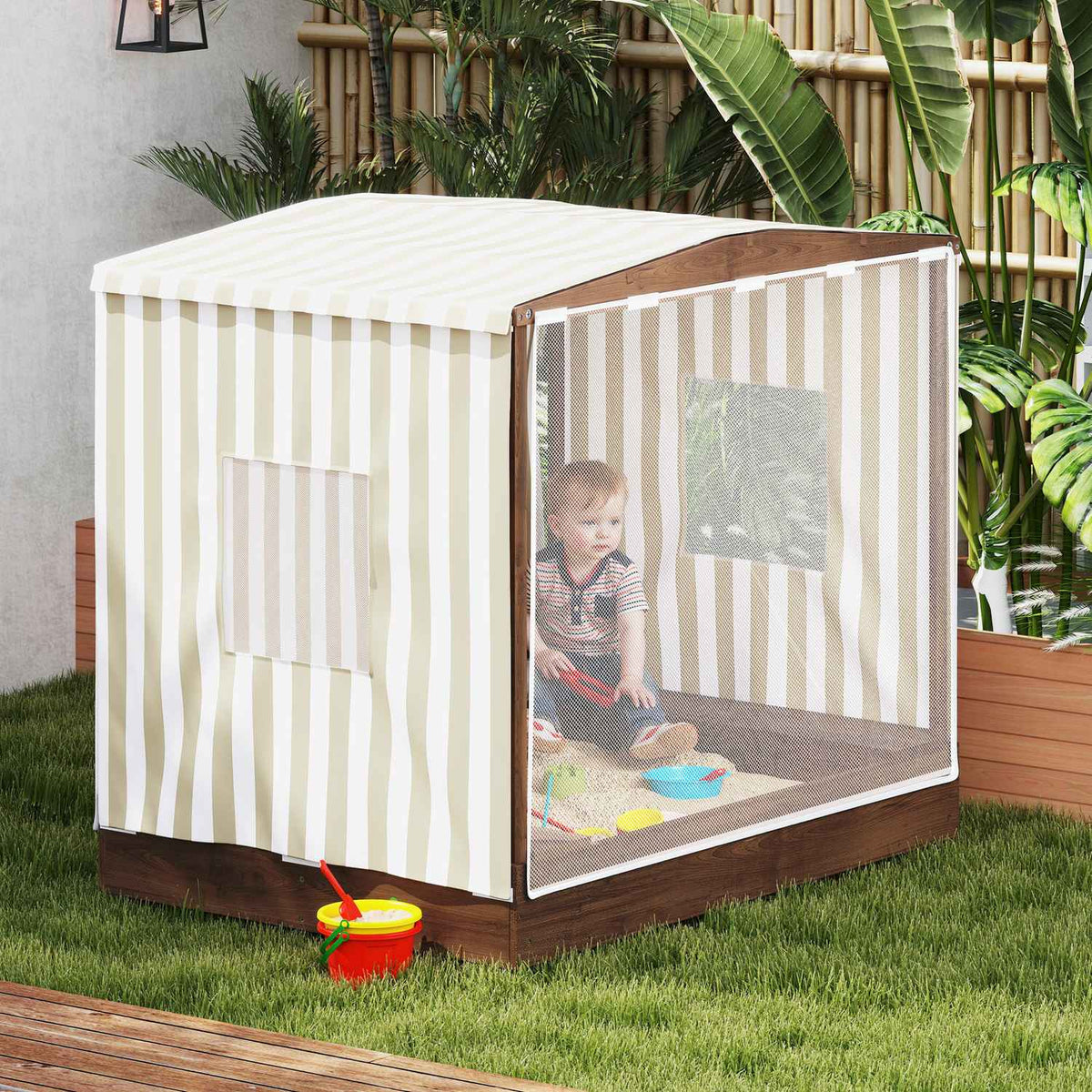 Sandbox with canopy and mesh door, 142 x 101.5 cm wooden sandbox with bench, storage space, floor protection, for 4 children 3-6 years brown