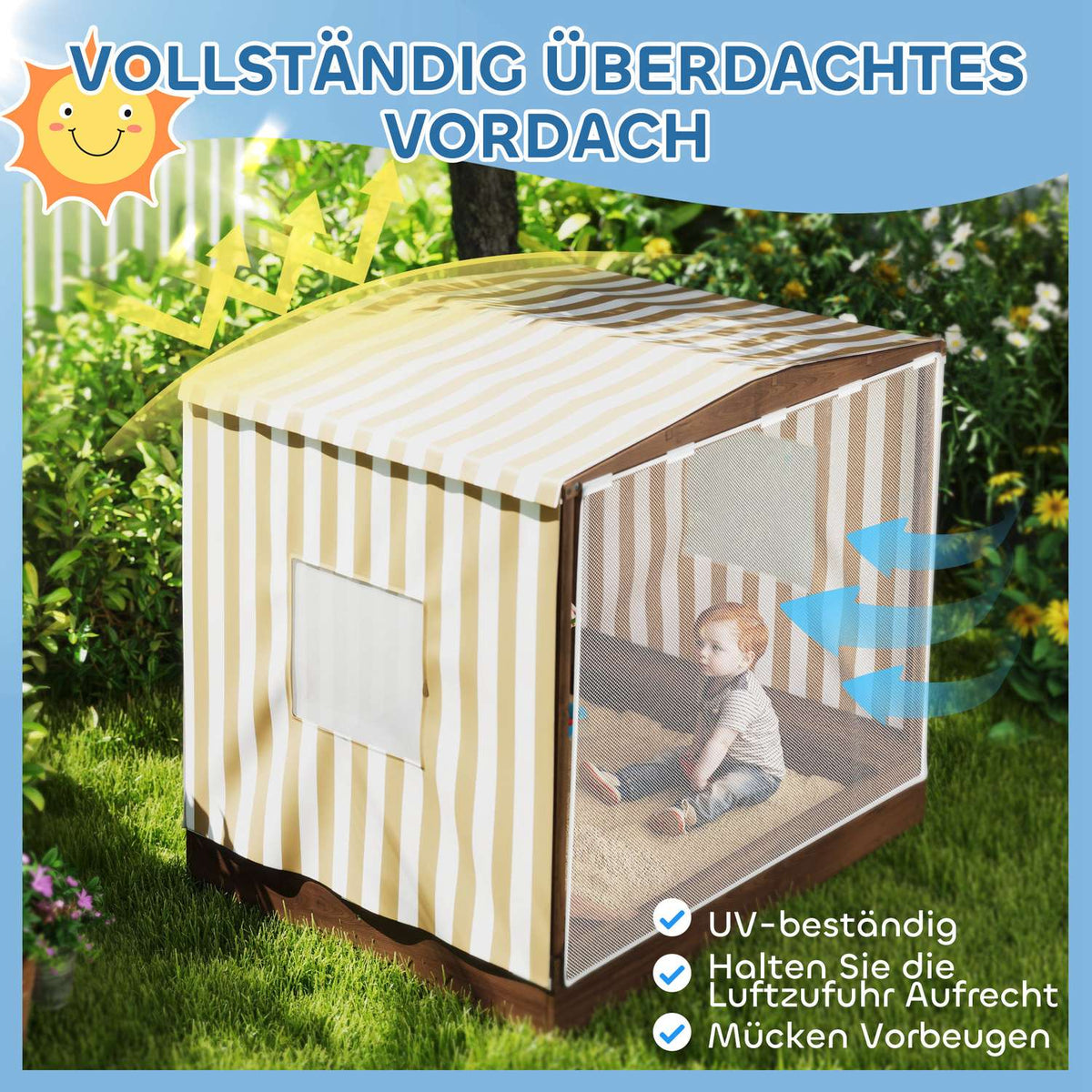 Sandbox with canopy and mesh door, 142 x 101.5 cm wooden sandbox with bench, storage space, floor protection, for 4 children 3-6 years brown