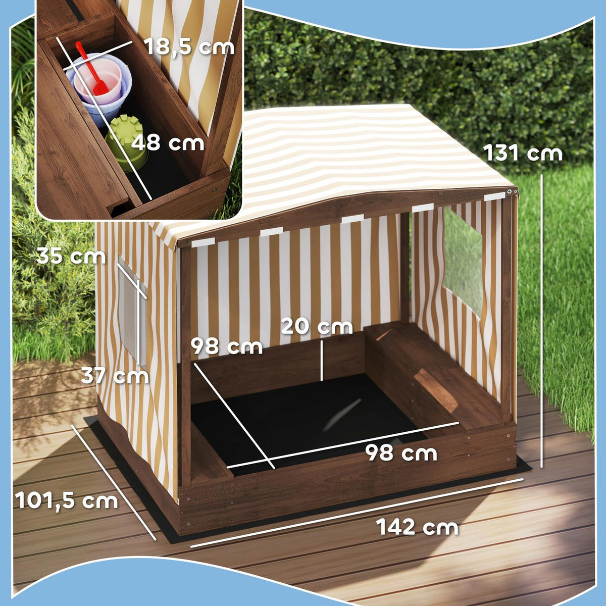 Sandbox with canopy and mesh door, 142 x 101.5 cm wooden sandbox with bench, storage space, floor protection, for 4 children 3-6 years brown