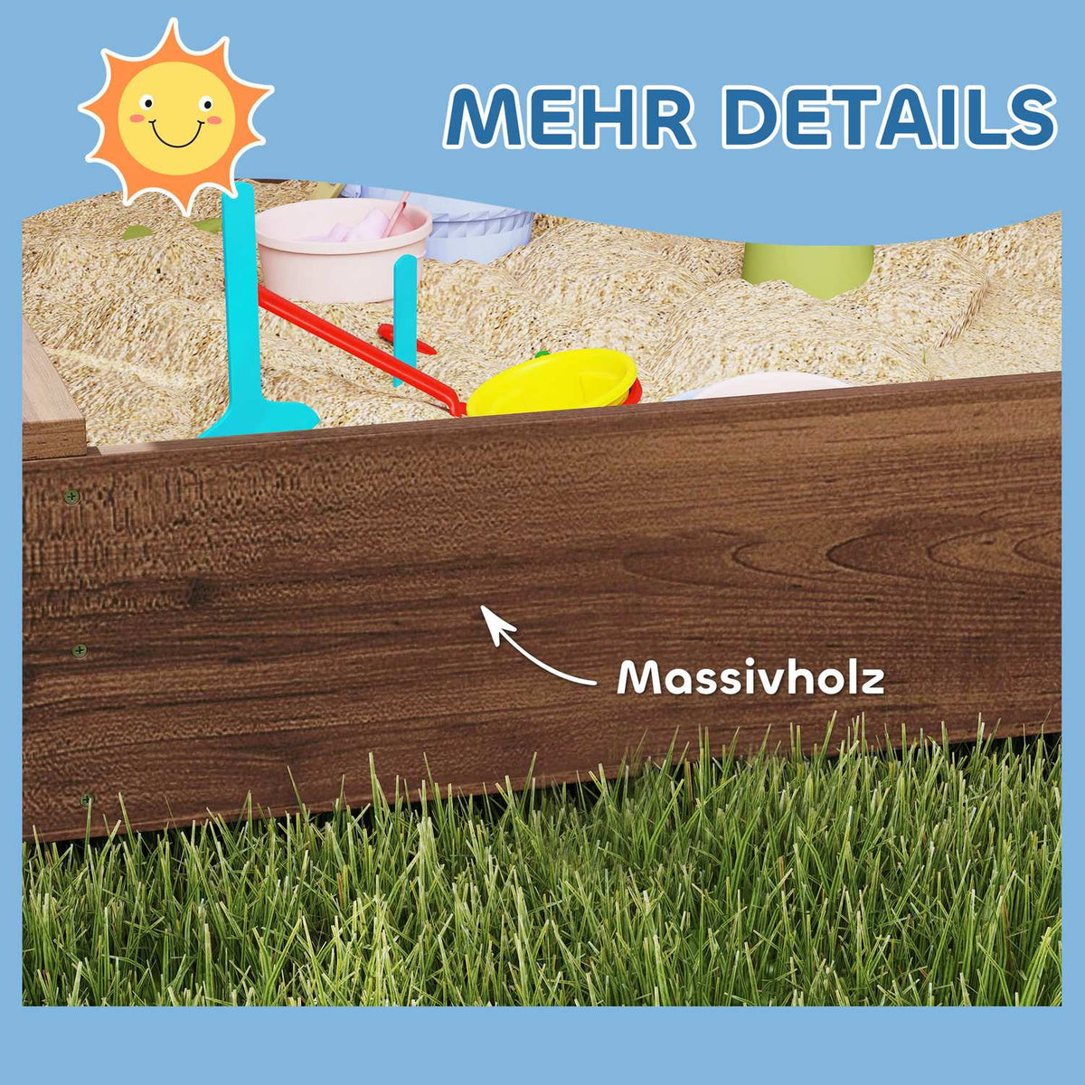 Sandbox with canopy and mesh door, 142 x 101.5 cm wooden sandbox with bench, storage space, floor protection, for 4 children 3-6 years brown