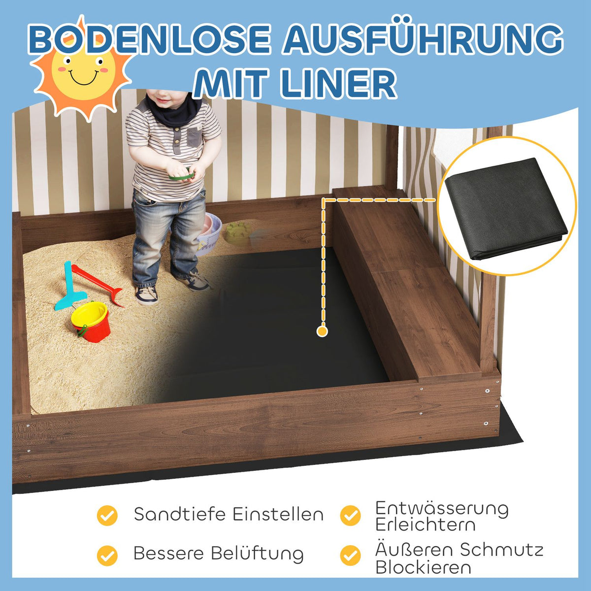 Sandbox with canopy and mesh door, 142 x 101.5 cm wooden sandbox with bench, storage space, floor protection, for 4 children 3-6 years brown