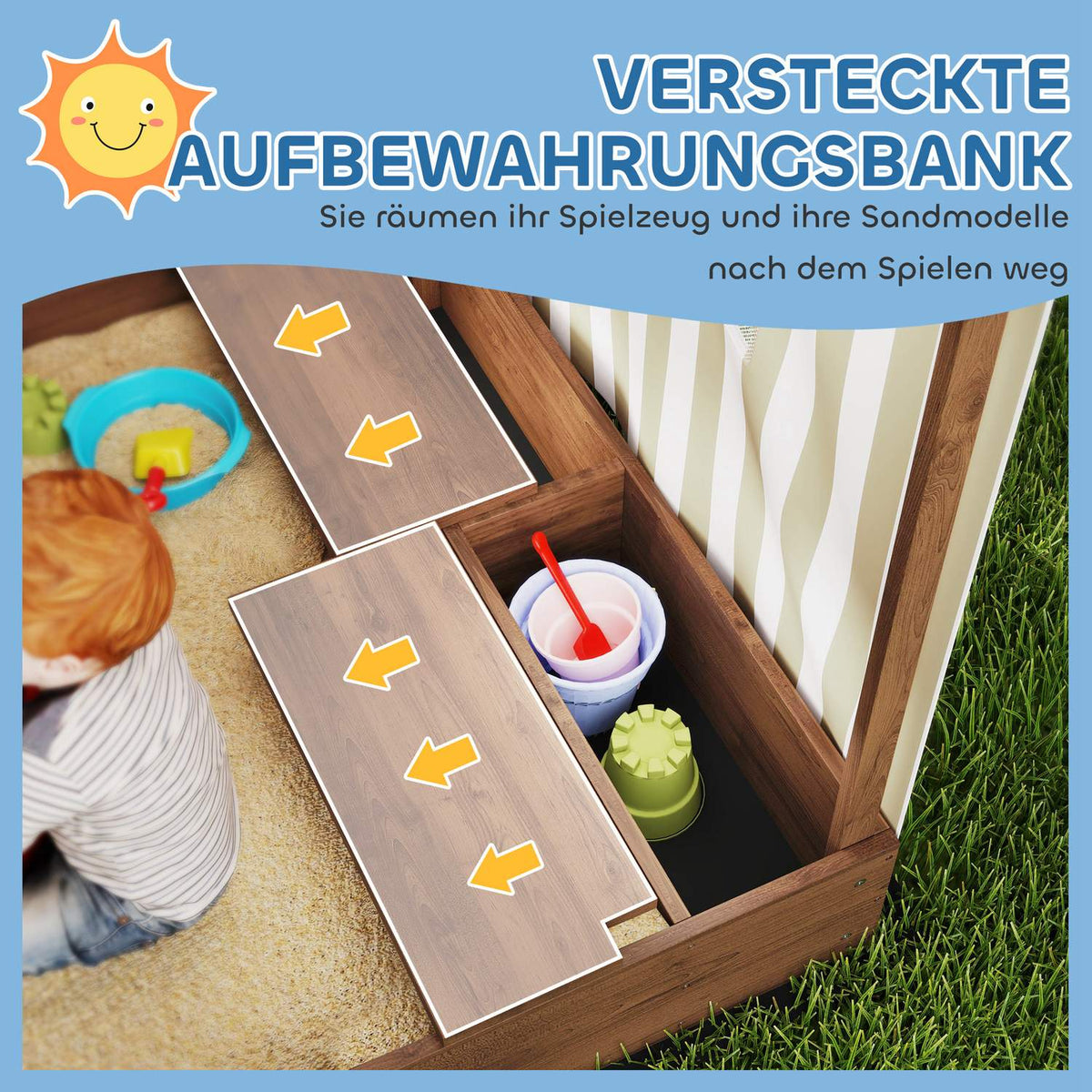 Sandbox with canopy and mesh door, 142 x 101.5 cm wooden sandbox with bench, storage space, floor protection, for 4 children 3-6 years brown