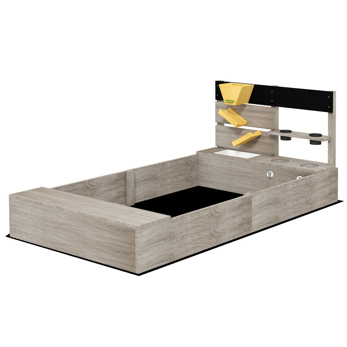 Sandbox with kitchen elements, wooden sandbox, bottomless design, for 3-7 years, garden, gray, 154x80x60cm