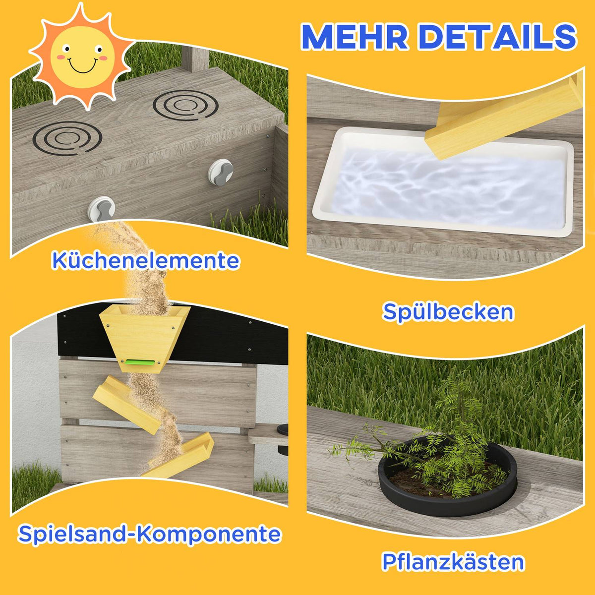Sandbox with kitchen elements, wooden sandbox, bottomless design, for 3-7 years, garden, gray, 154x80x60cm
