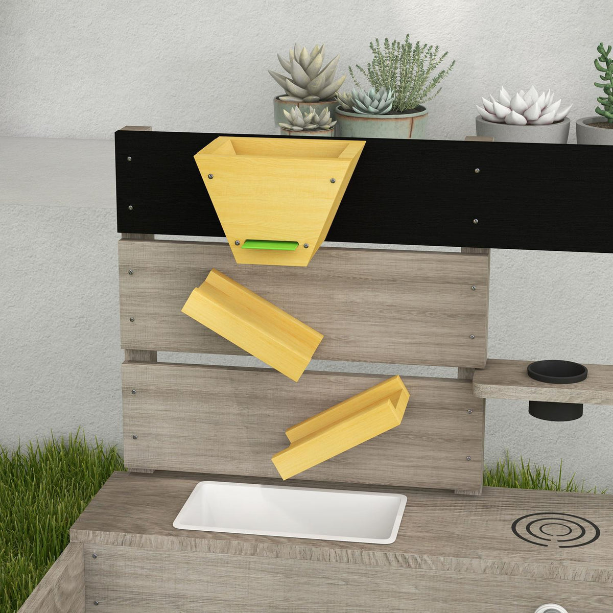 Sandbox with kitchen elements, wooden sandbox, bottomless design, for 3-7 years, garden, gray, 154x80x60cm