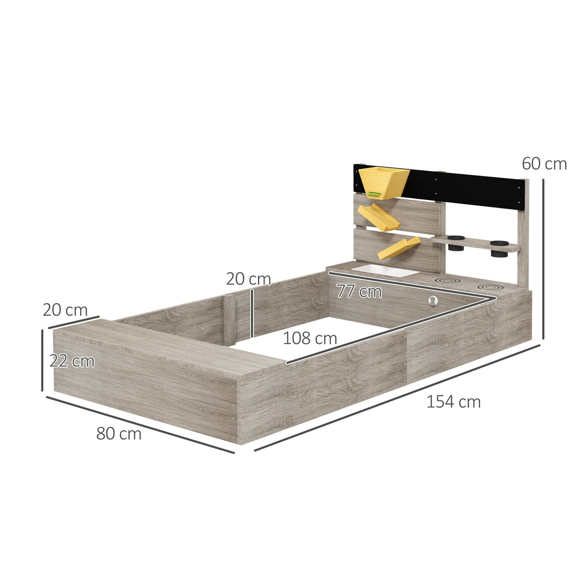 Sandbox with kitchen elements, wooden sandbox, bottomless design, for 3-7 years, garden, gray, 154x80x60cm