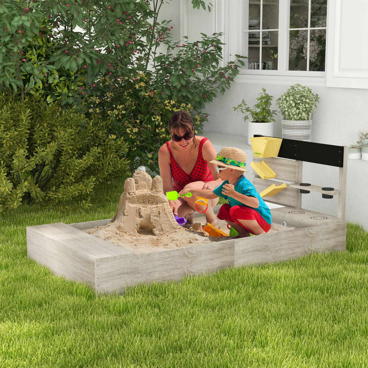 Sandbox with kitchen elements, wooden sandbox, bottomless design, for 3-7 years, garden, gray, 154x80x60cm