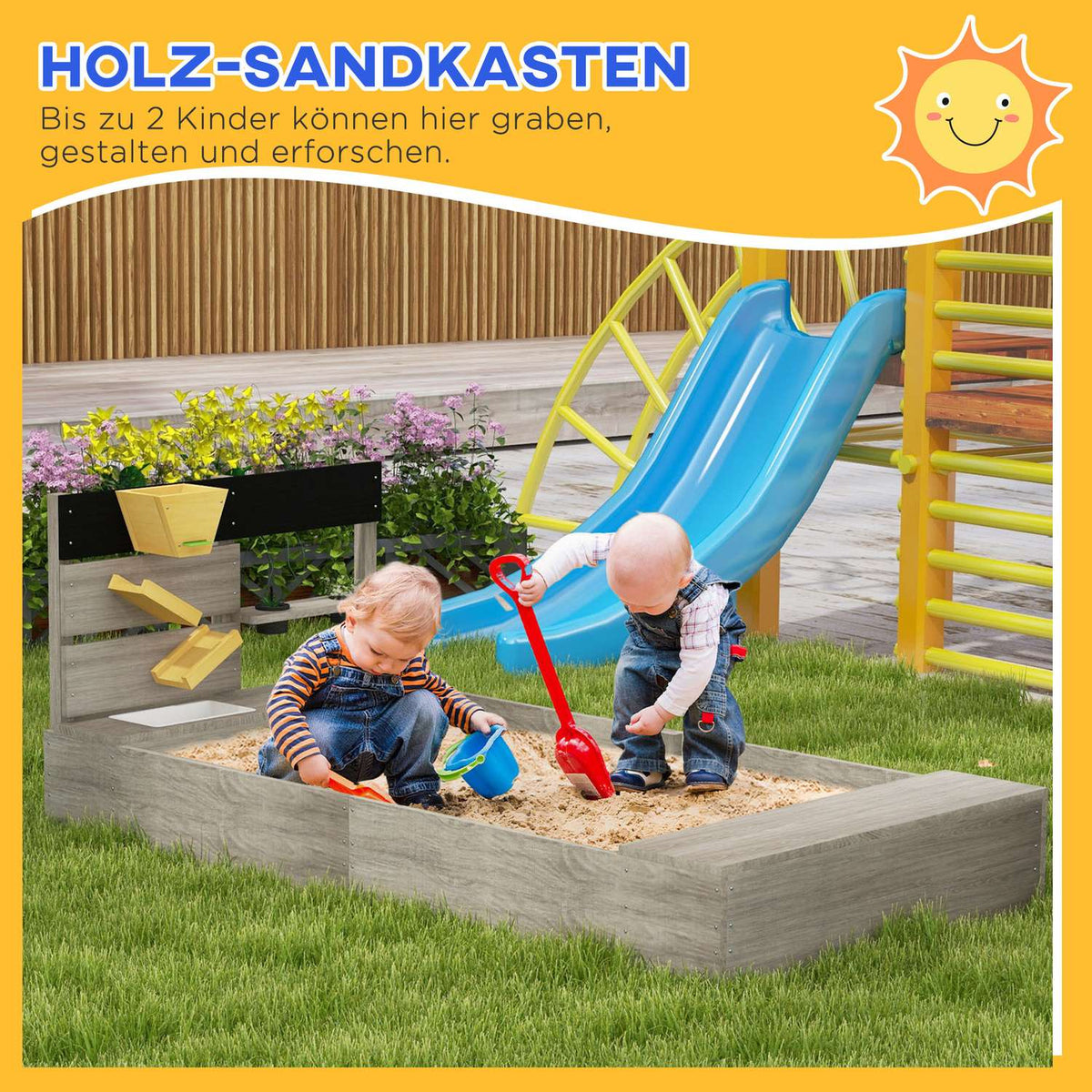 Sandbox with kitchen elements, wooden sandbox, bottomless design, for 3-7 years, garden, gray, 154x80x60cm