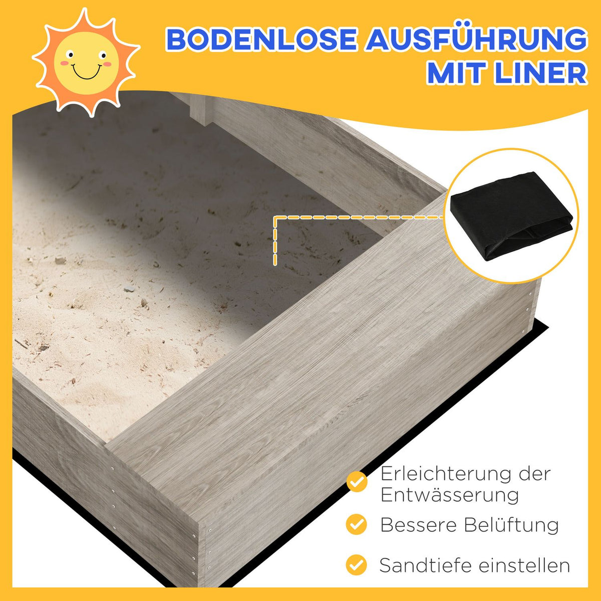 Sandbox with kitchen elements, wooden sandbox, bottomless design, for 3-7 years, garden, gray, 154x80x60cm