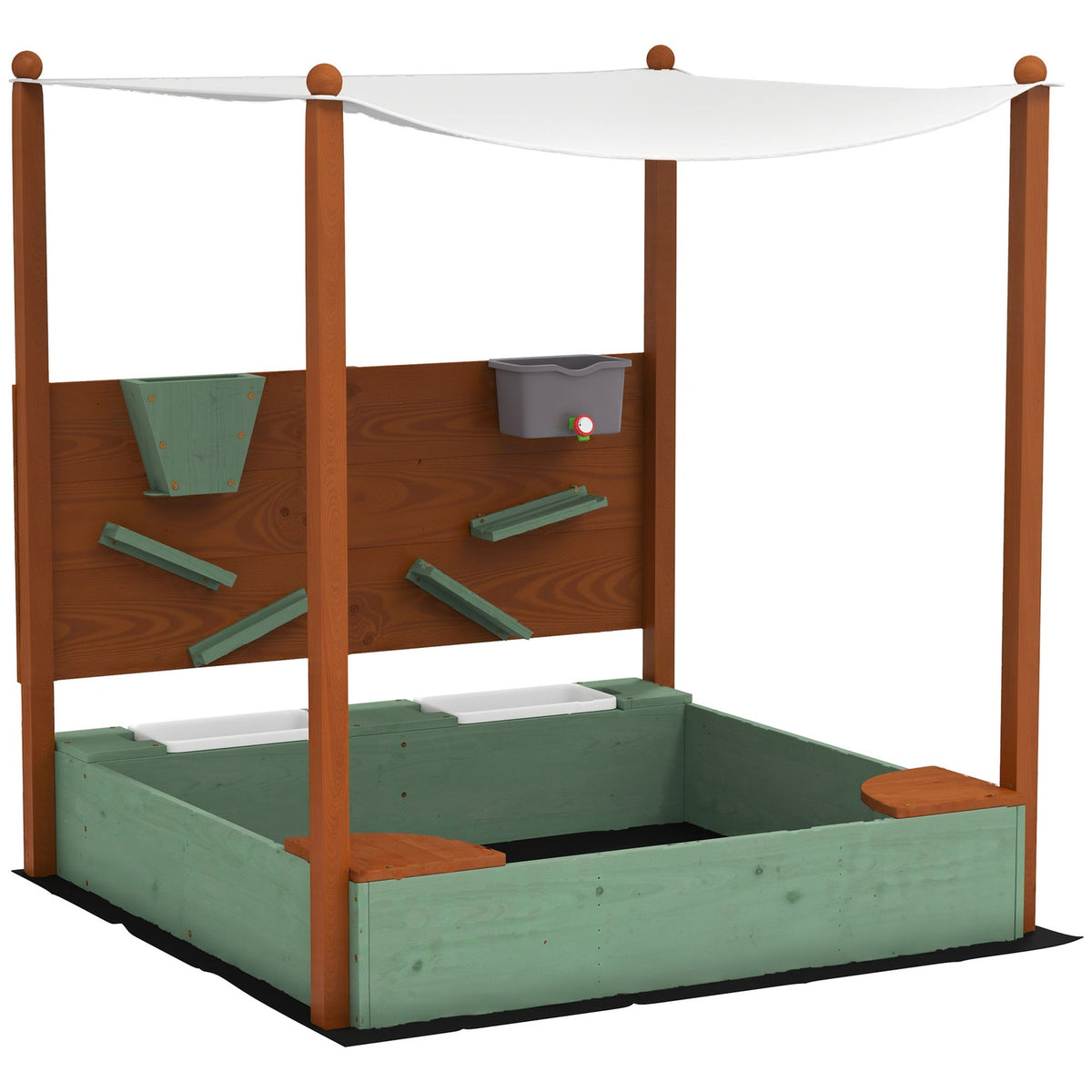Sandbox with roof, 116 x 112.5 cm wooden sandbox with seat, 2 containers, sand and water toys, bucket with tap for 3-6 years children green