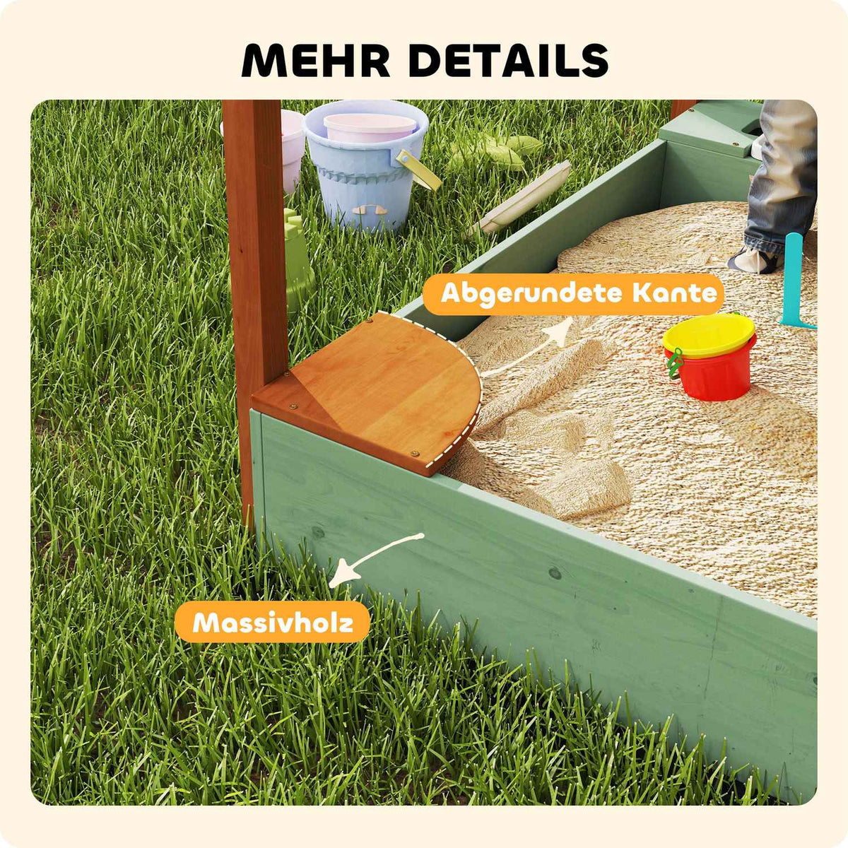 Sandbox with roof, 116 x 112.5 cm wooden sandbox with seat, 2 containers, sand and water toys, bucket with tap for 3-6 years children green