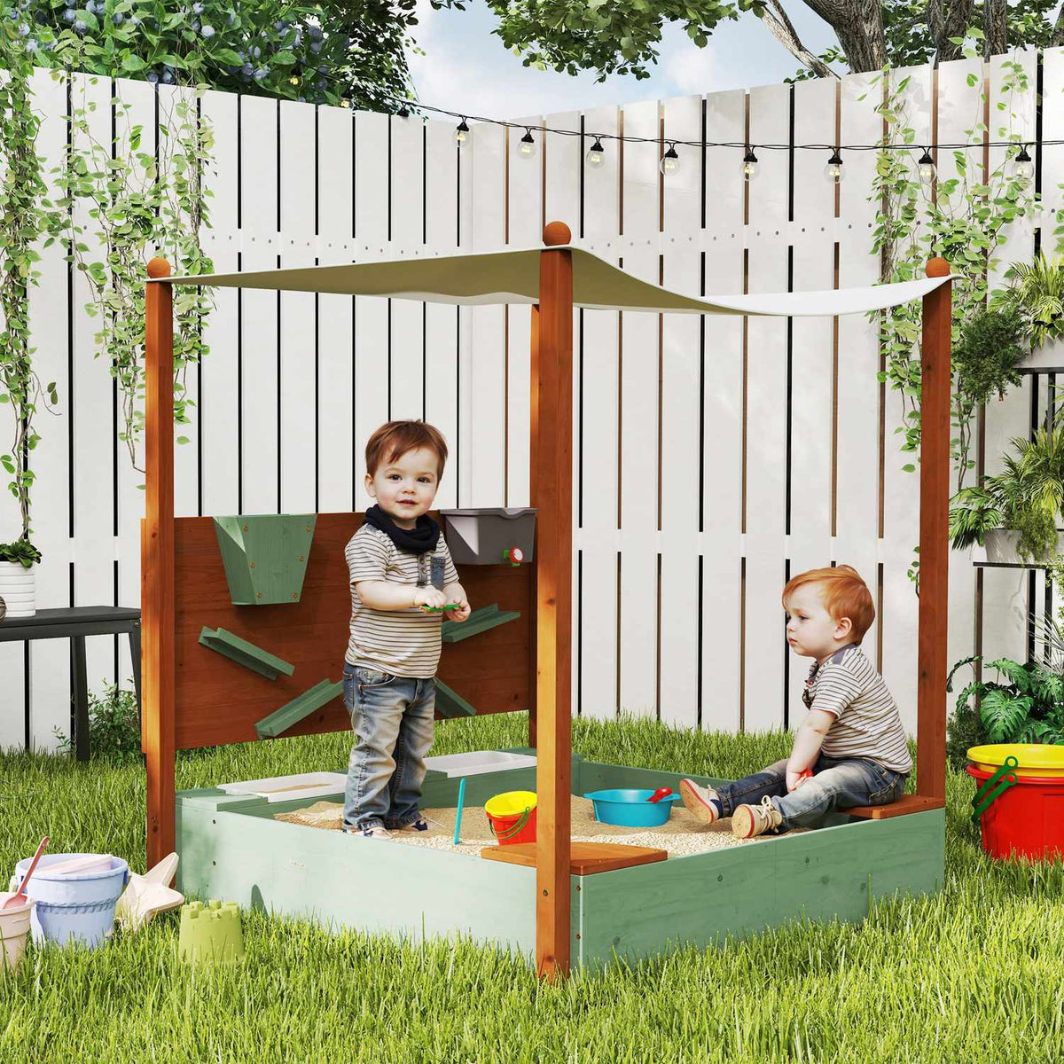 Sandbox with roof, 116 x 112.5 cm wooden sandbox with seat, 2 containers, sand and water toys, bucket with tap for 3-6 years children green