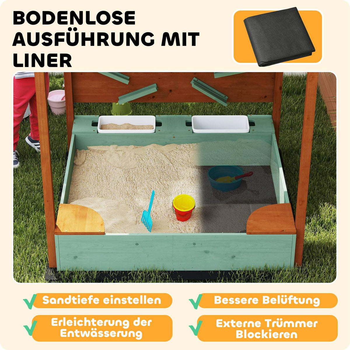 Sandbox with roof, 116 x 112.5 cm wooden sandbox with seat, 2 containers, sand and water toys, bucket with tap for 3-6 years children green
