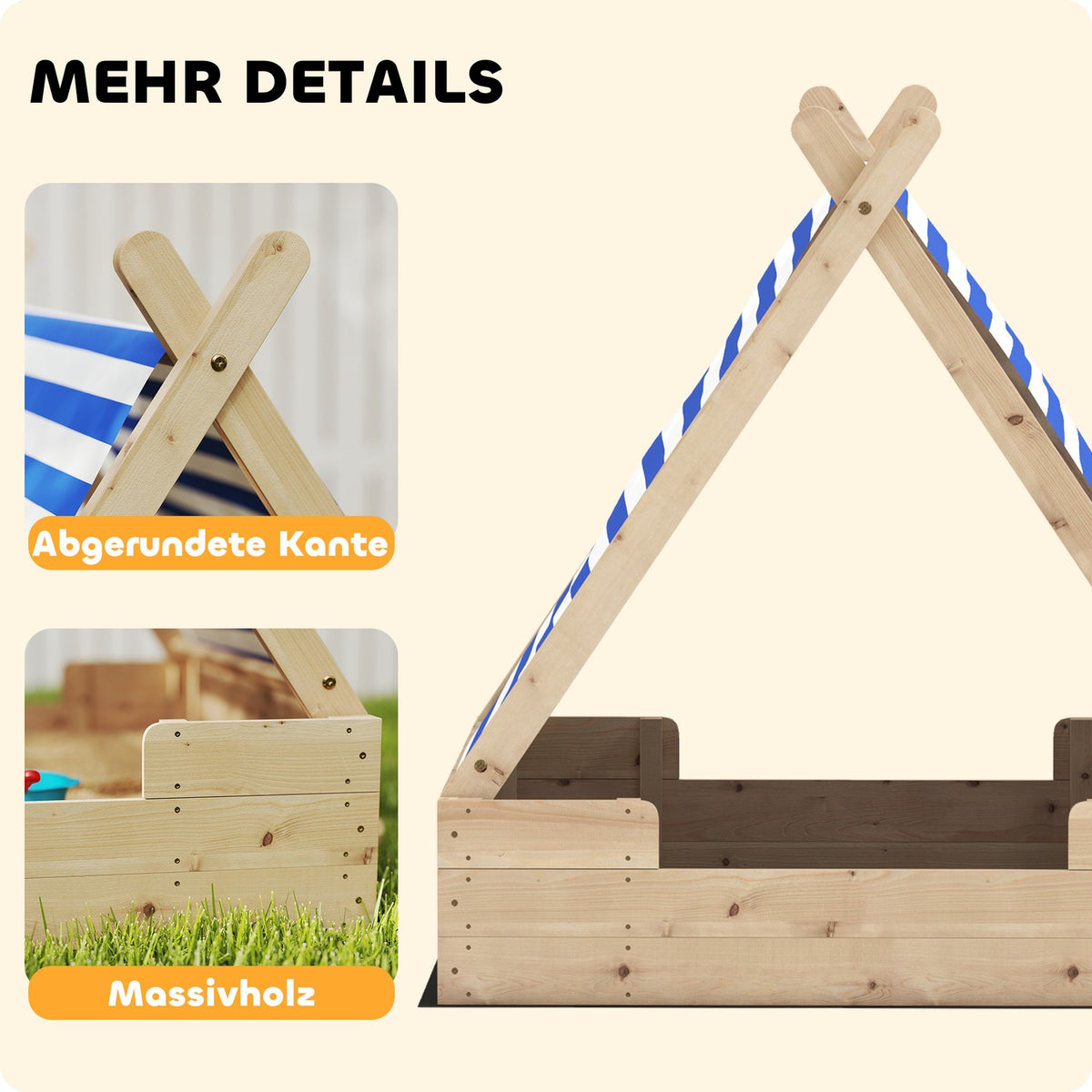 Sandbox with tent roof, 120 x 120 cm wooden sandbox sandbox with groundsheet, removable roof for 3-6 years children nature