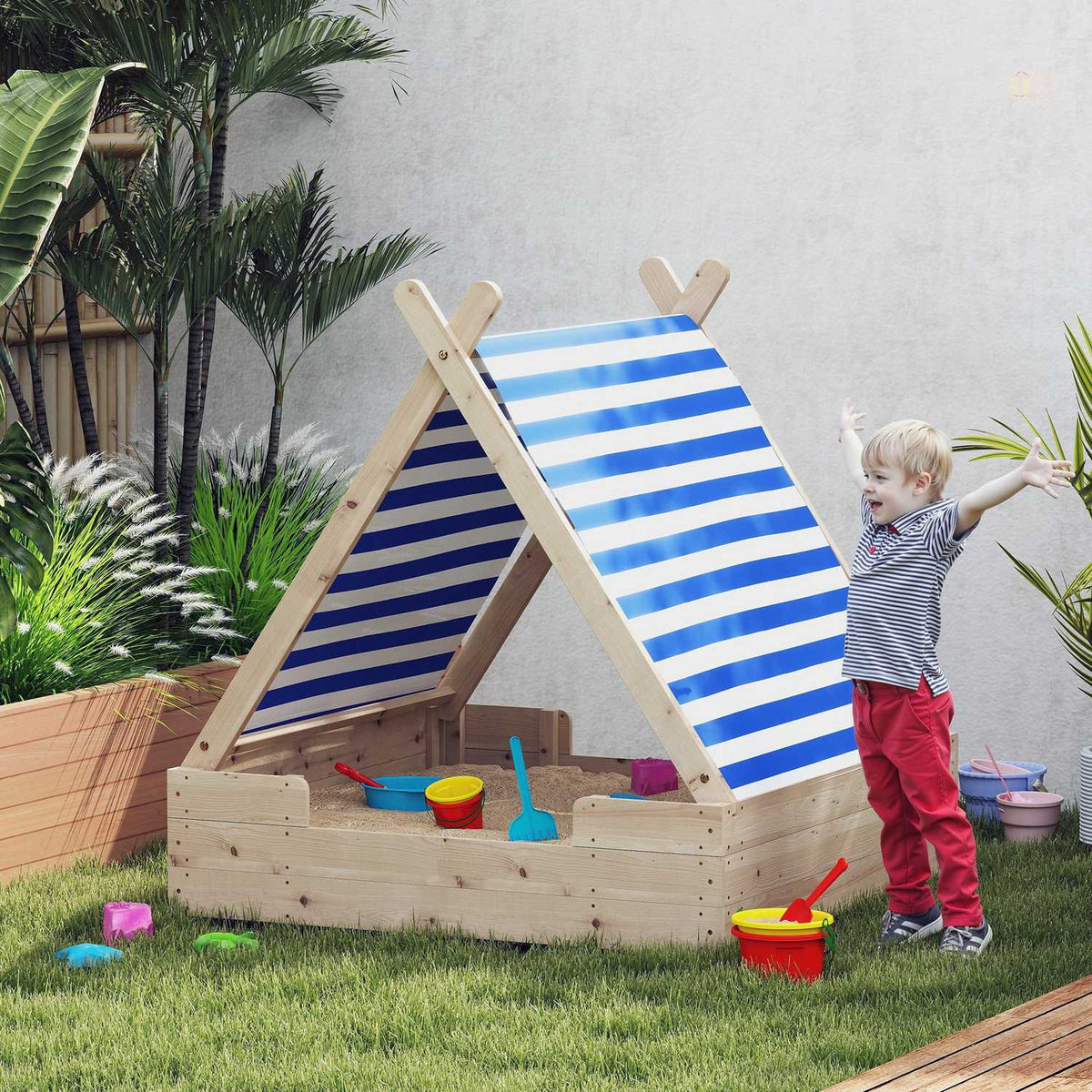 Sandbox with tent roof, 120 x 120 cm wooden sandbox sandbox with groundsheet, removable roof for 3-6 years children nature