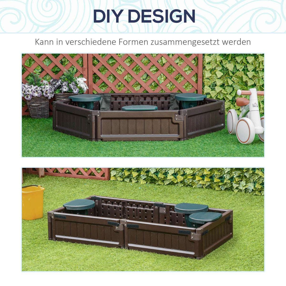 Sandpit Diy Sandbox With 3 Seats, Hdpe, Tarpaulin, For 3-12 Years, Ø120X21Cm, Brown