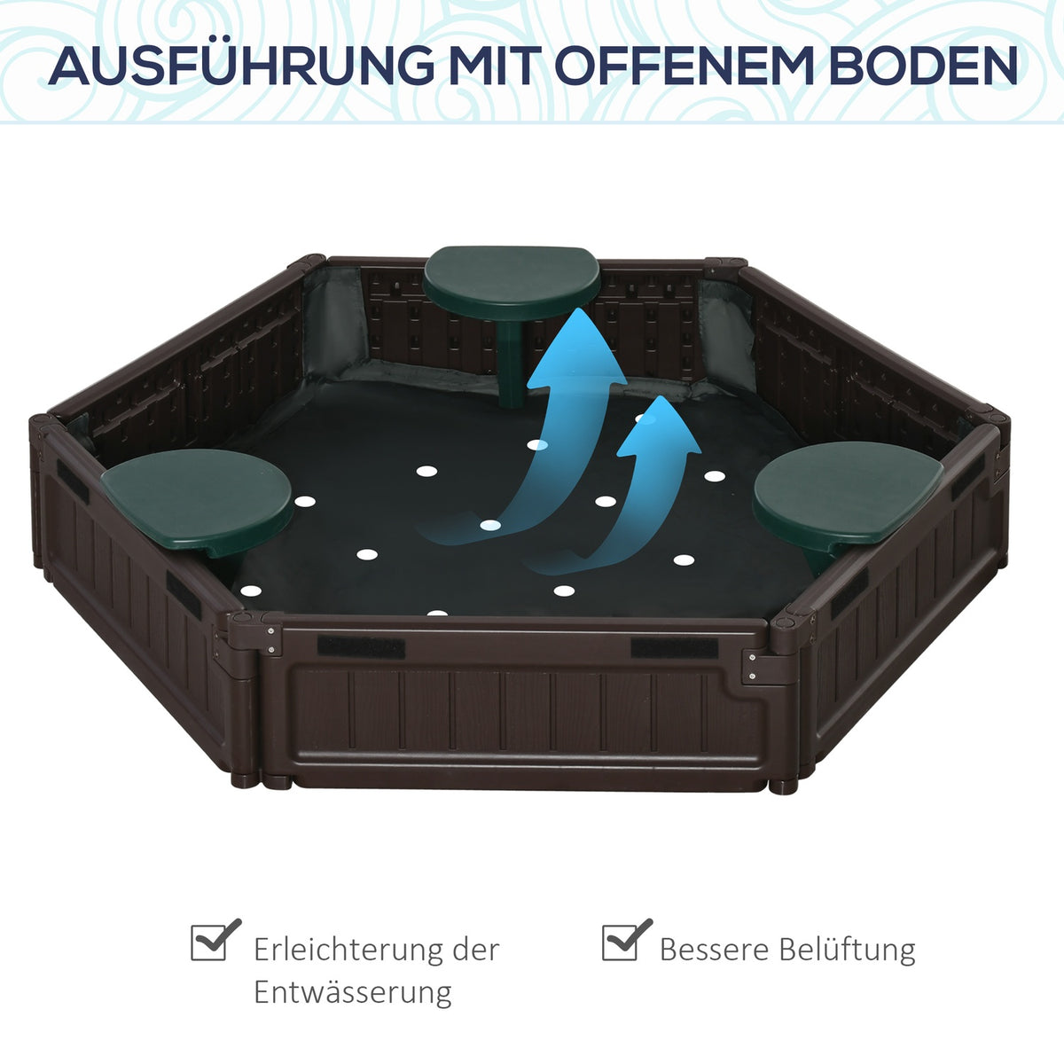 Sandpit Diy Sandbox With 3 Seats, Hdpe, Tarpaulin, For 3-12 Years, Ø120X21Cm, Brown