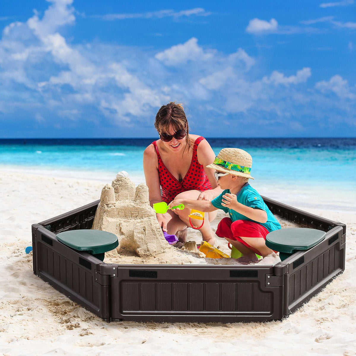 Sandpit Diy Sandbox With 3 Seats, Hdpe, Tarpaulin, For 3-12 Years, Ø120X21Cm, Brown