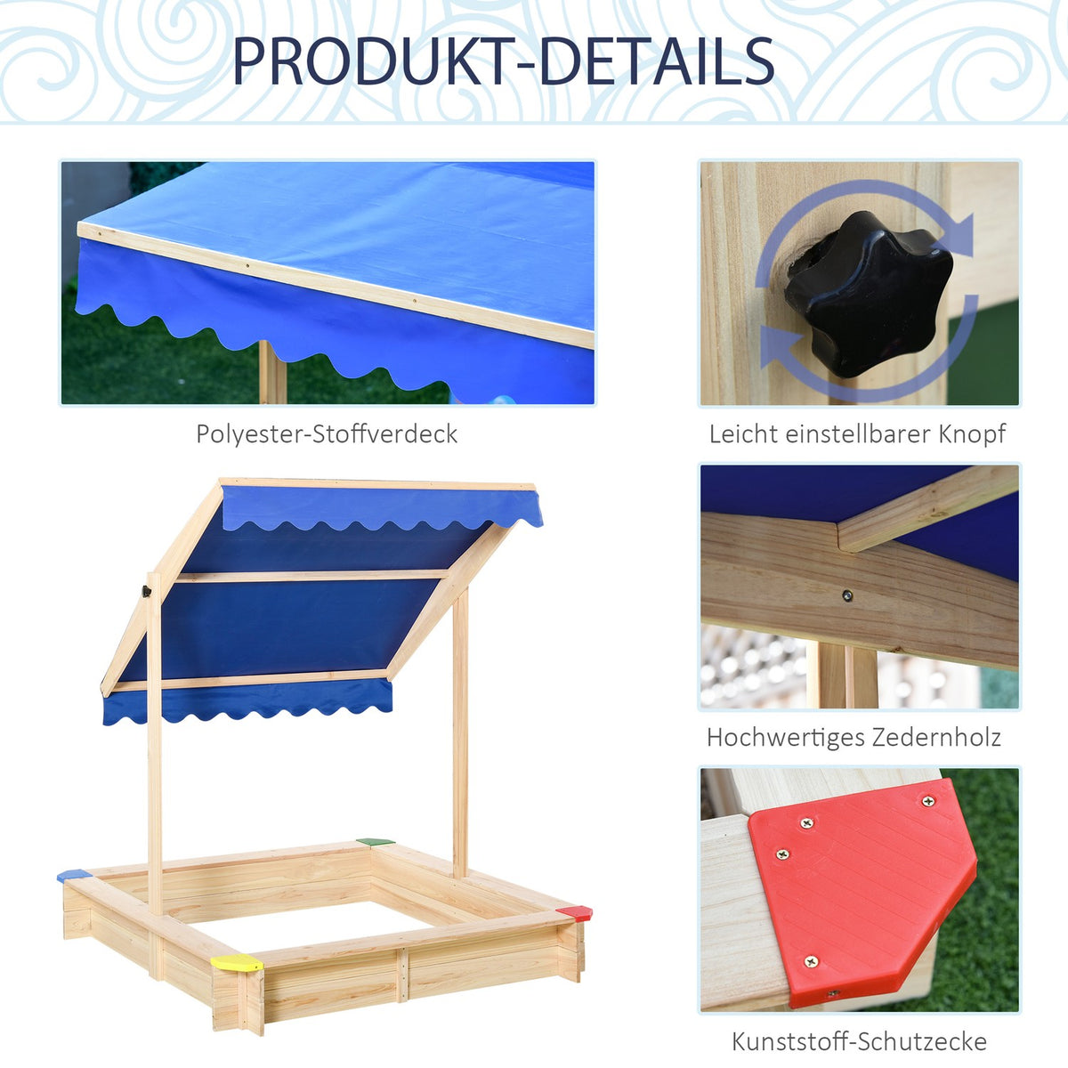 Sandpit Fir Wood Crank Roof Bottomless Design 3-8 Years 120X120Cm Natural