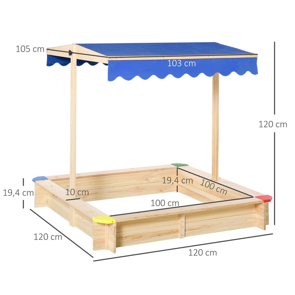 Sandpit Fir Wood Crank Roof Bottomless Design 3-8 Years 120X120Cm Natural