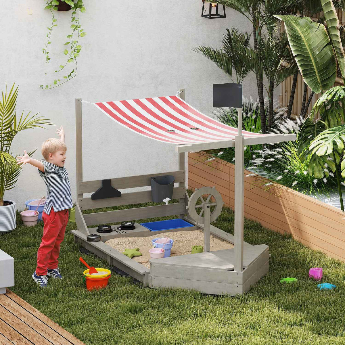 Sandpit Large Sandpit with Cover in Ship Design Mud Box Made of Wood Sailing Ship Playhouse with Kitchen Playset Storage for Children 3-7 Years Gray 180 x 103 x 144.5 cm