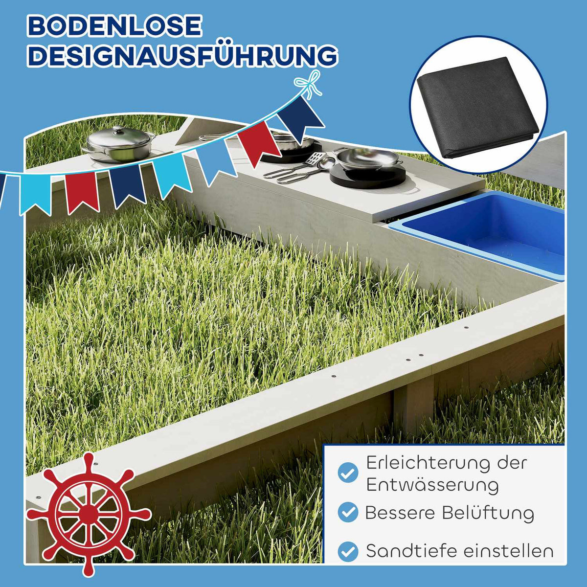 Sandpit Large Sandpit with Cover in Ship Design Mud Box Made of Wood Sailing Ship Playhouse with Kitchen Playset Storage for Children 3-7 Years Gray 180 x 103 x 144.5 cm