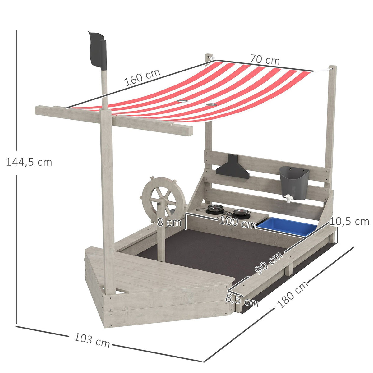 Sandpit Large Sandpit with Cover in Ship Design Mud Box Made of Wood Sailing Ship Playhouse with Kitchen Playset Storage for Children 3-7 Years Gray 180 x 103 x 144.5 cm