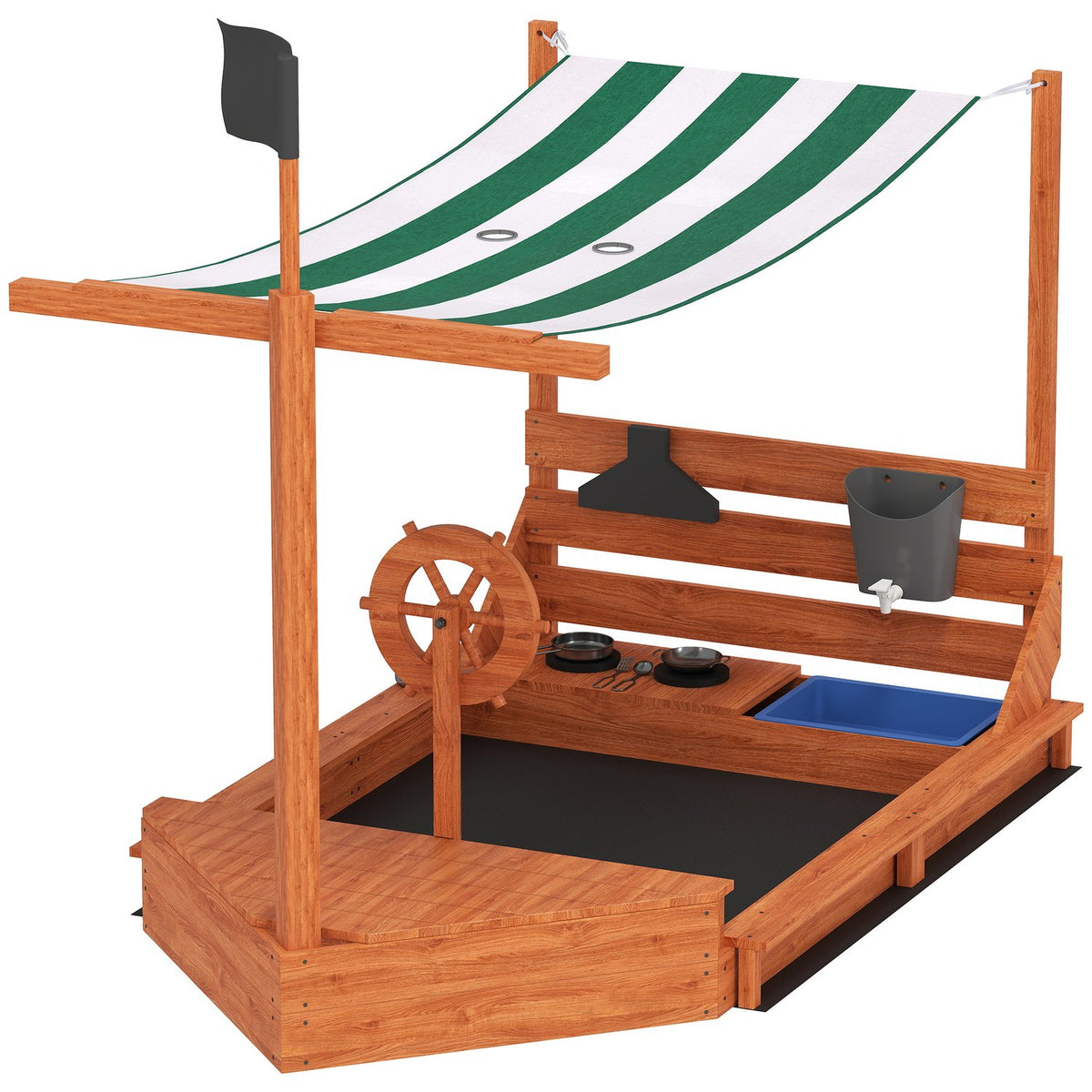 Sandpit Large Sandpit with Cover in Ship Design Mud Box Made of Wood Sailing Ship Playhouse with Kitchen Playset Storage for Children 3-7 Years Orange 180 x 103 x 144.5 cm
