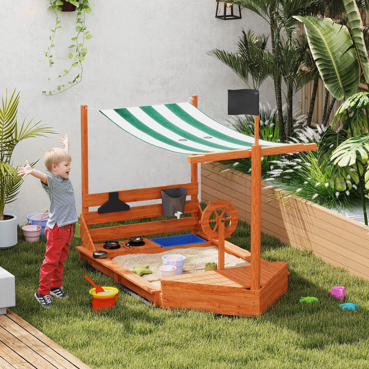 Sandpit Large Sandpit with Cover in Ship Design Mud Box Made of Wood Sailing Ship Playhouse with Kitchen Playset Storage for Children 3-7 Years Orange 180 x 103 x 144.5 cm